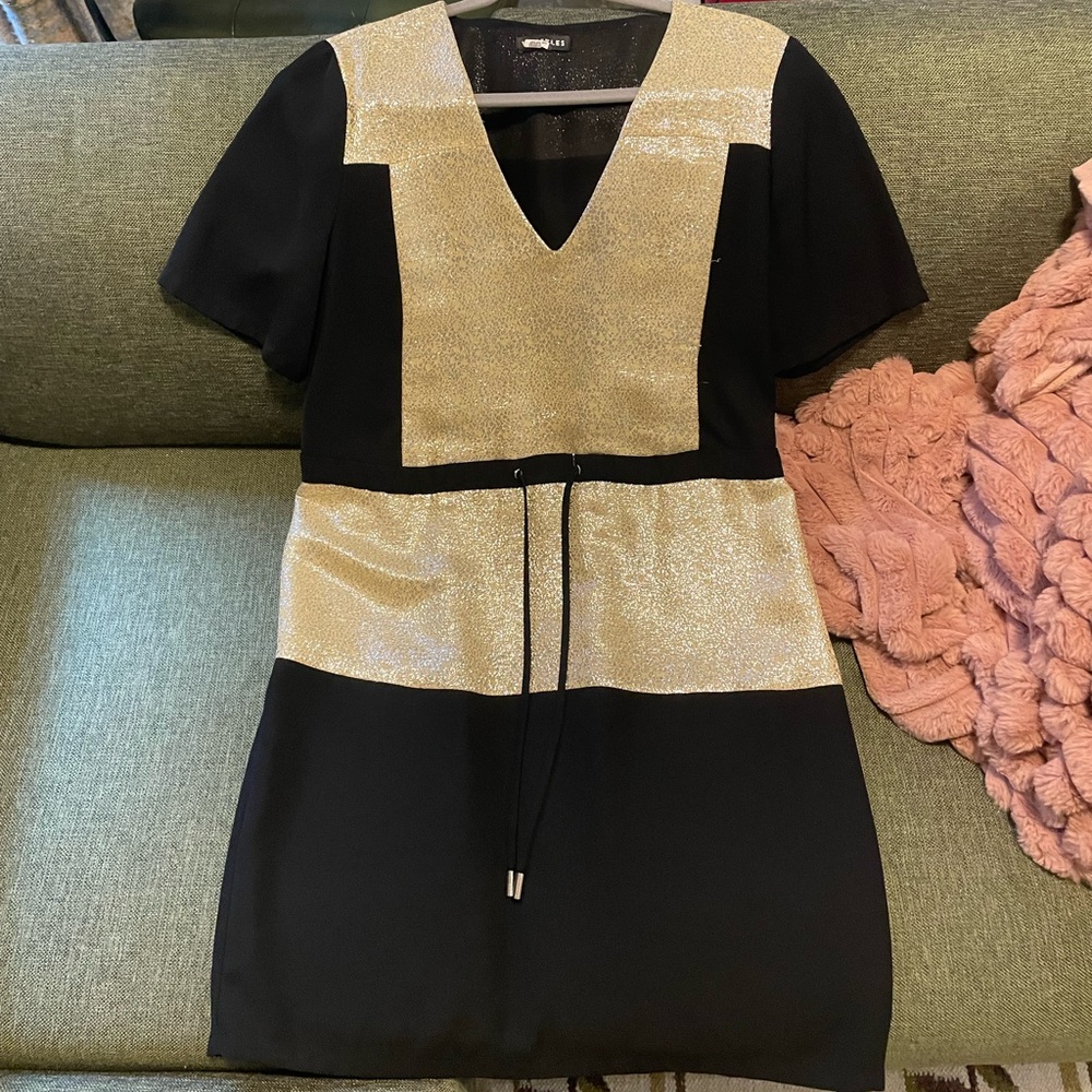 Whistles black & gold textured midi drawstring dress sz US10